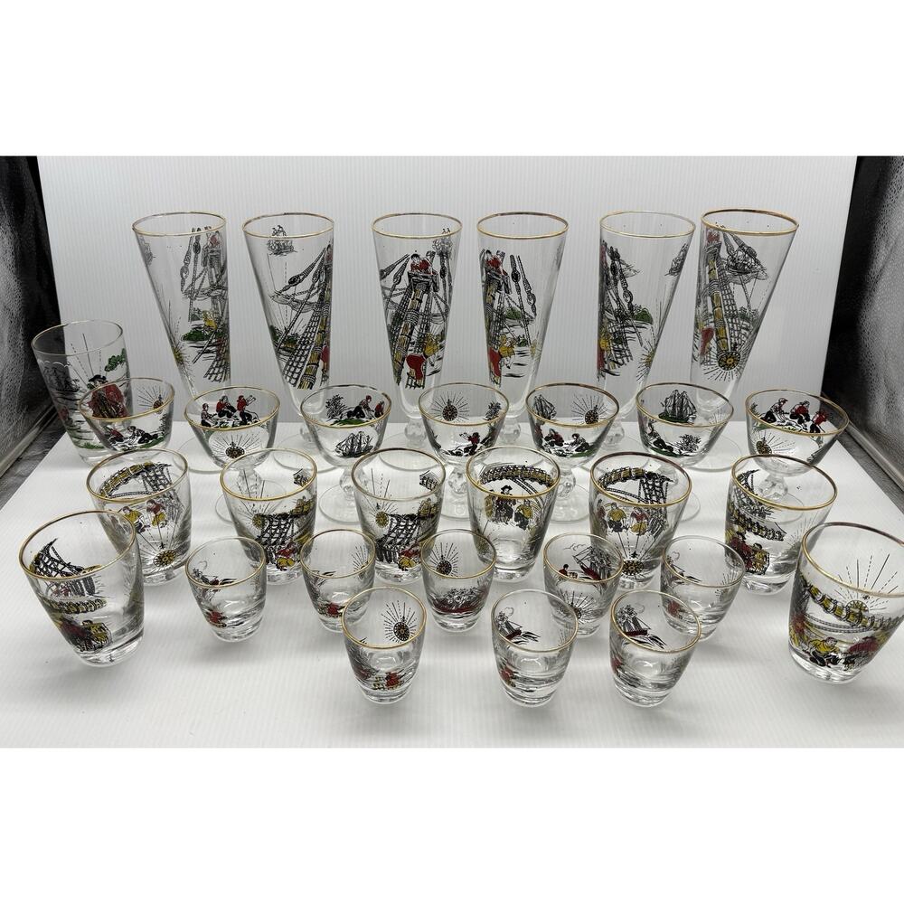 Vintage Libbey Treasure Island Glasses Set, Pirate Ship Artwork, Gold Rim